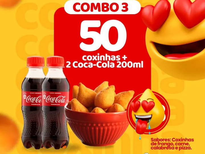 Combo 3 · 50 coxinhas + 2 Coca-Cola 200 ml do Sabor de Mãe, combos de coxinha